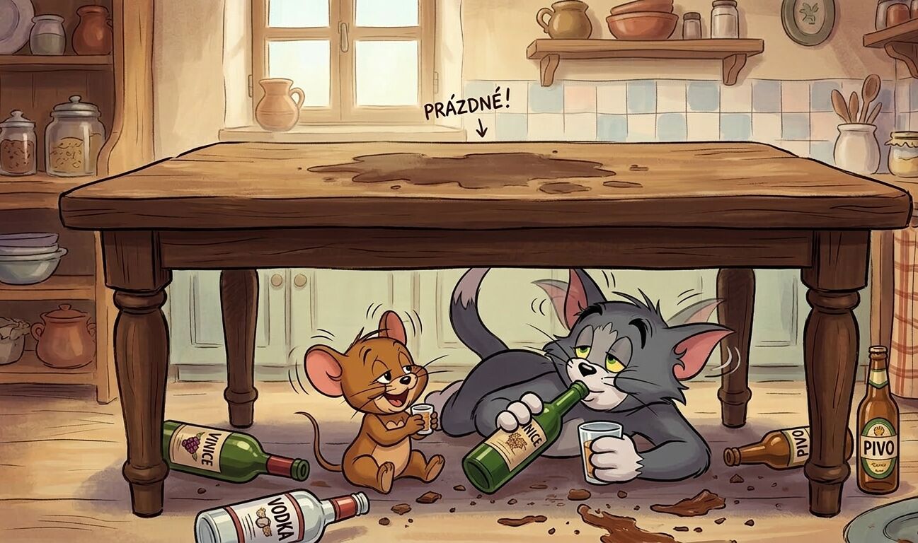 kocour a myska pijou